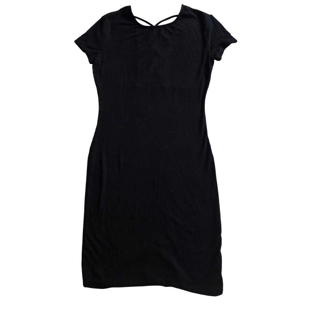 Forever 21 Ribbed Black Short Sleeve Dress Criss Cross Back SL